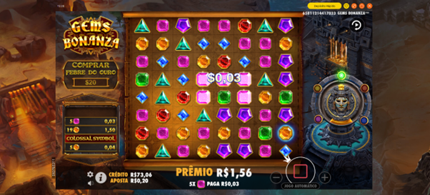 Gems Bonanza com s&iacute;mbolo colossal ativado e contador da Febre do Ouro vis&iacute;vel 